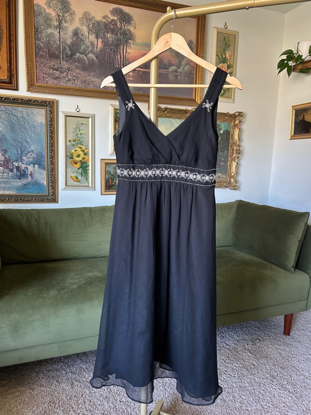 Vintage Silk Black Embroidered V-Neck Midi Dress